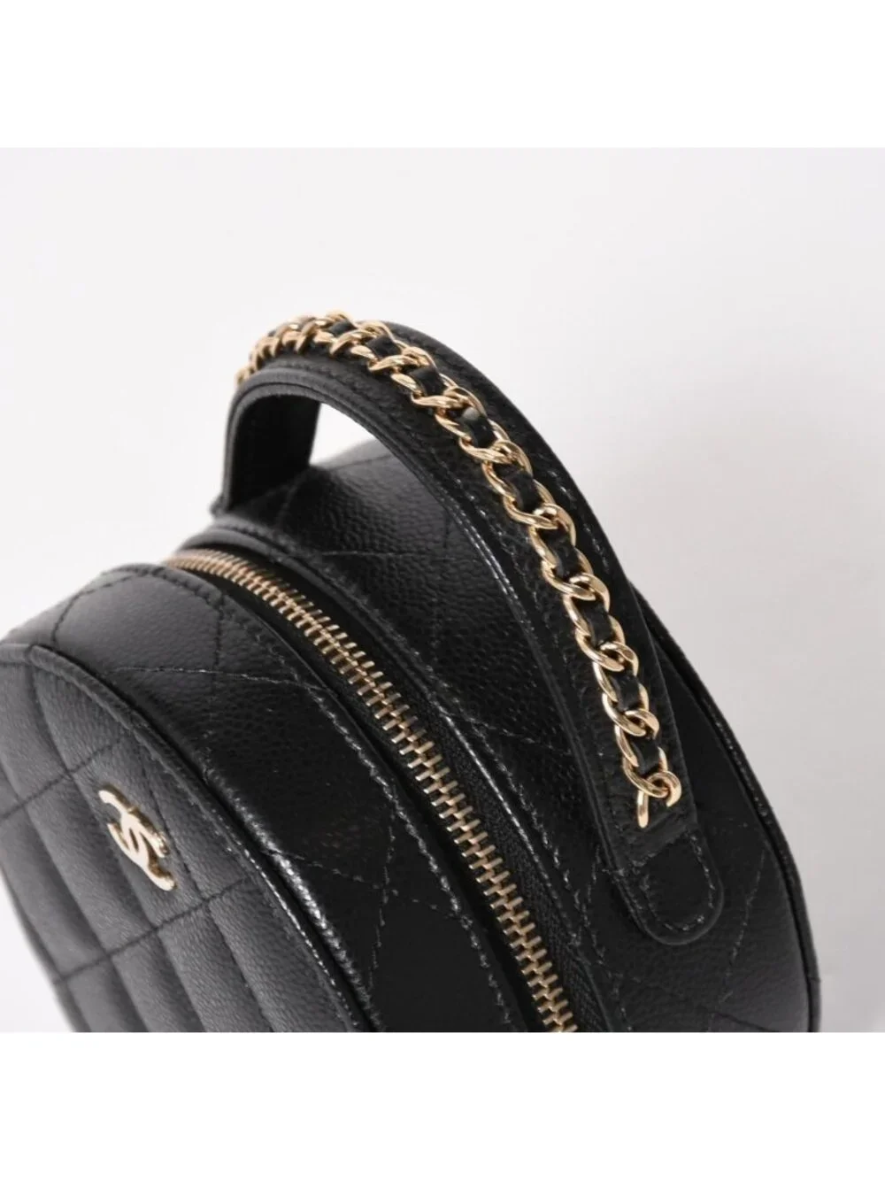 Chanel Small Round Vanity Bag Handbag Stand CC Logo Caviar Leather Black